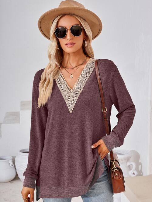 Crochet V-Neck Long Sleeve Slit Top