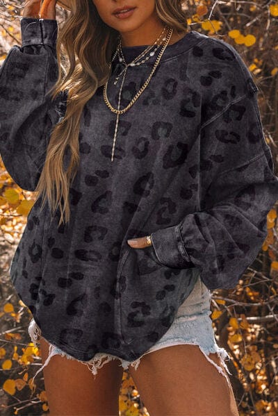 Leopard Round Neck Dropped Shoulder Sweatshirt Charcoal / S