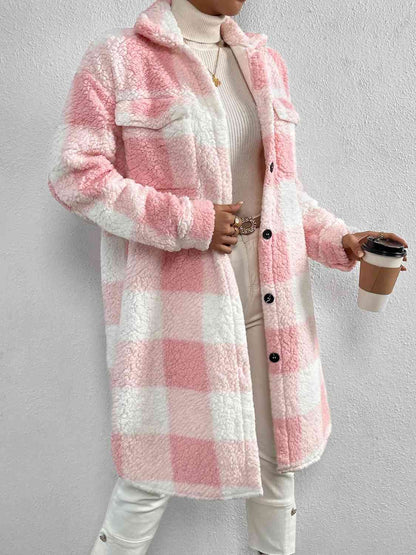 Plaid Collared Neck Button Down Coat Blush Pink / S