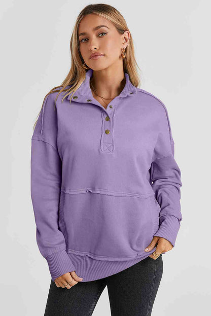 Half Snap Drop Shoulder Long Sleeve Sweatshirt Lavender / M