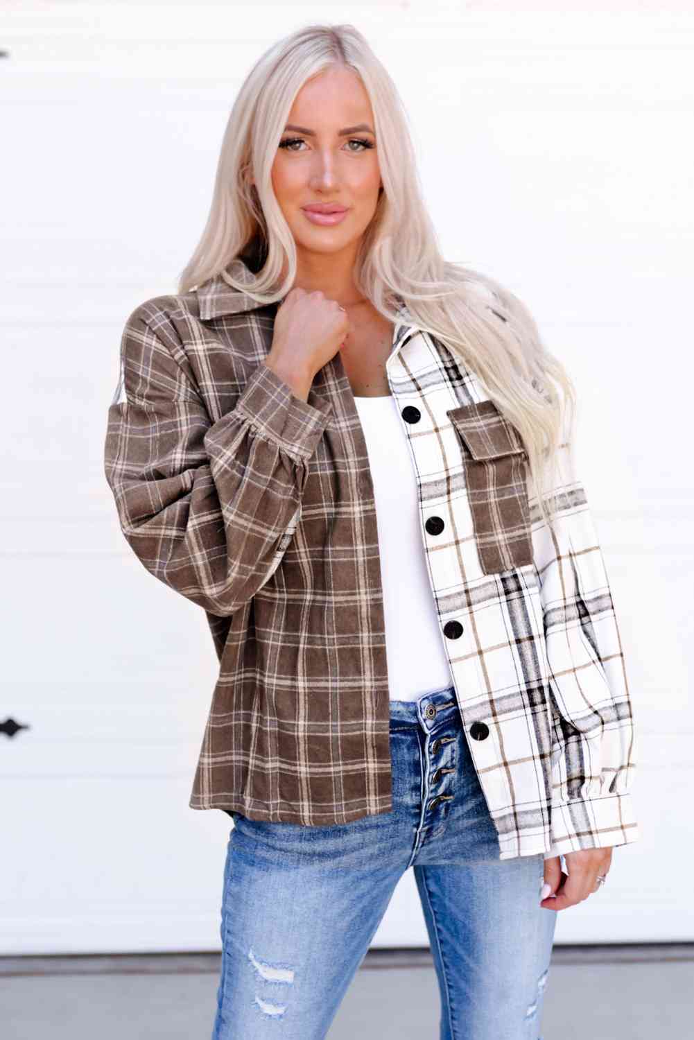 Plaid Contrast Button Up Shirt Jacket Plaid / S