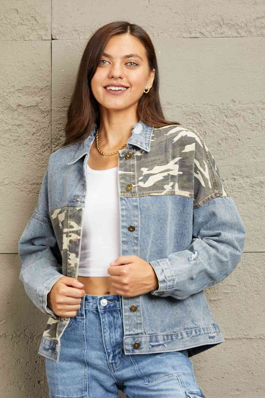 GeeGee Full Size Washed Denim Camo Contrast Jacket Light / S