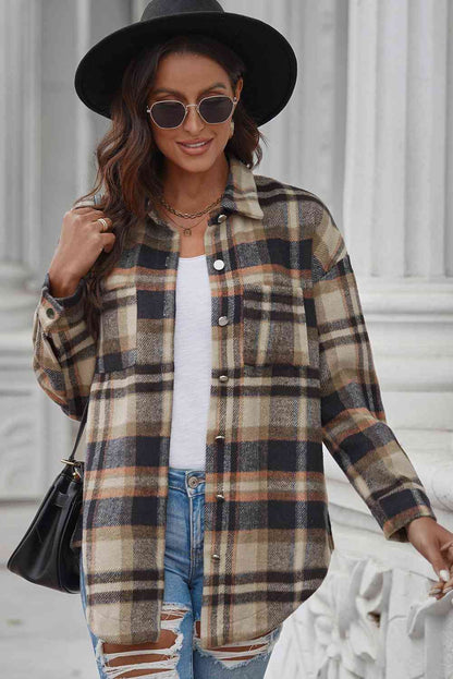 Plaid Curved Hem Dropped Shoulder Longline Shirt Jacket Orange / S