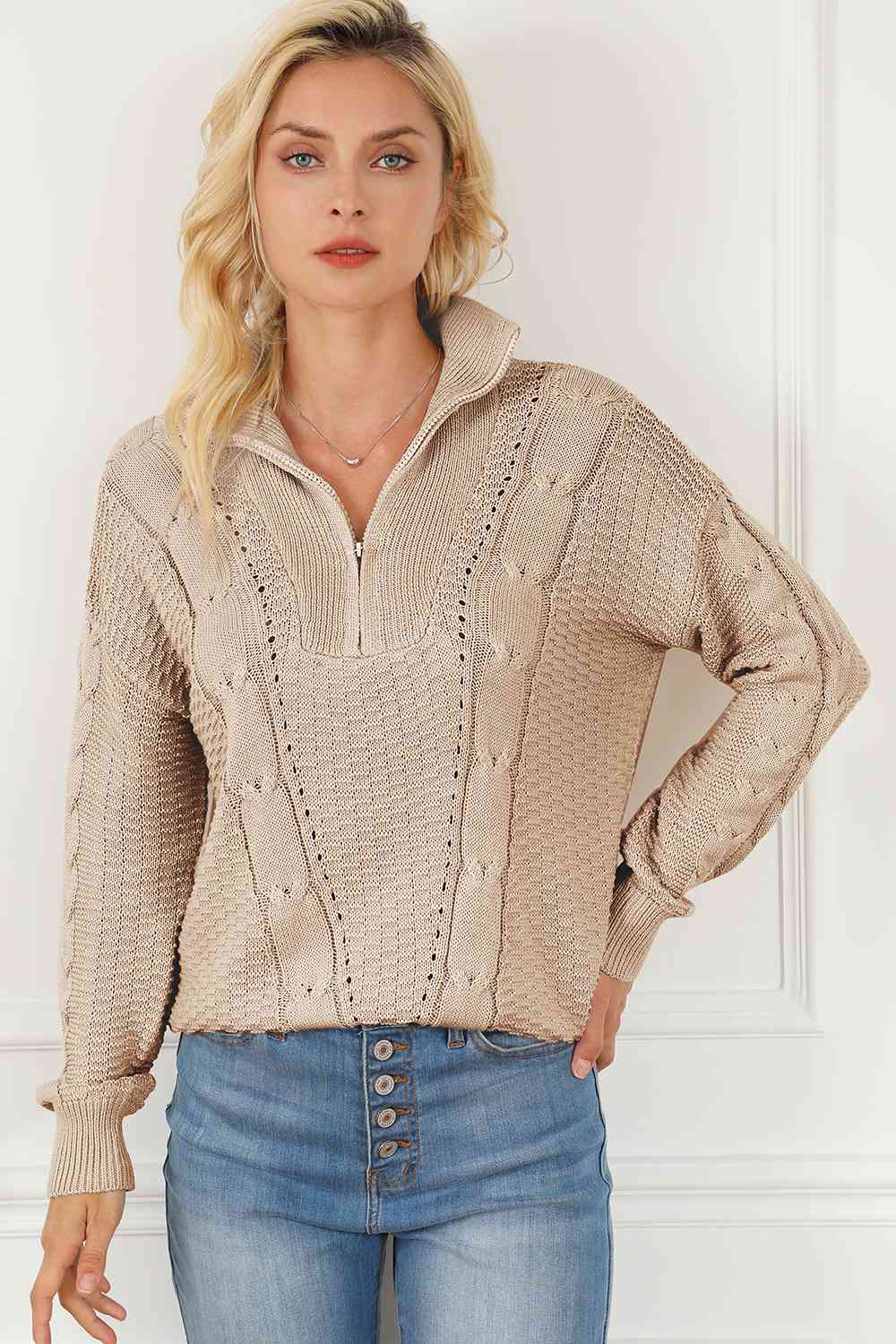 Cable-Knit Half Zip Long Sleeve Sweater Tan / S