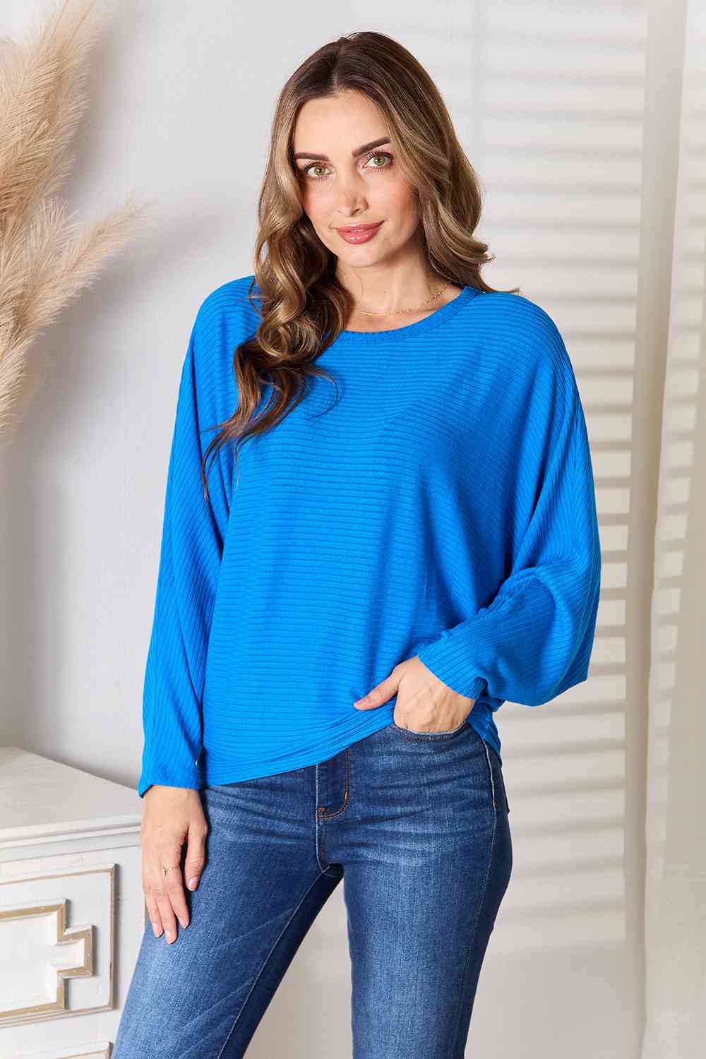 Zenana Full Size Round Neck Batwing Sleeve Top Cobalt Blue / S