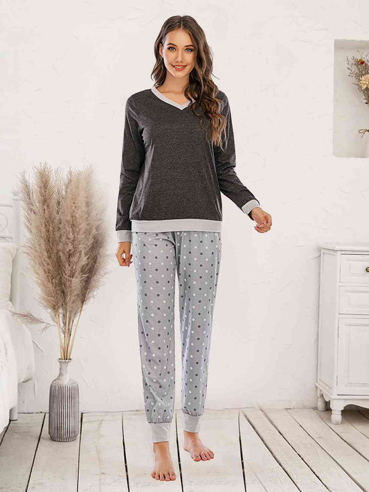 Long Sleeve Top and Polka Dot Pants Set Black / S