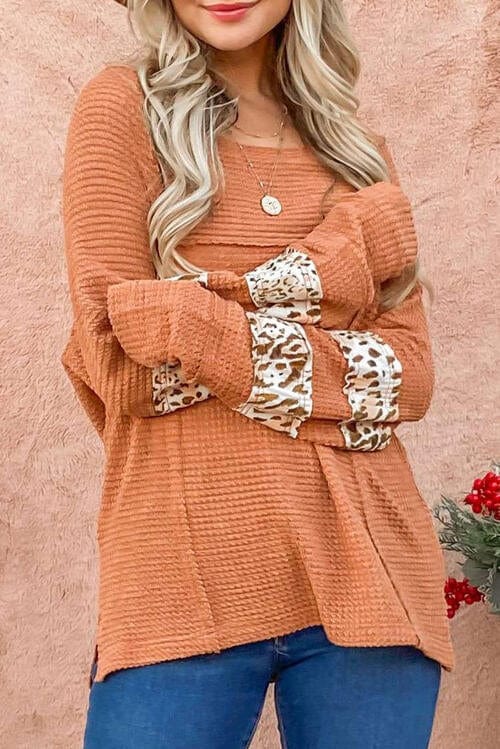 Waffle-Knit Leopard Long Sleeve Slit Top