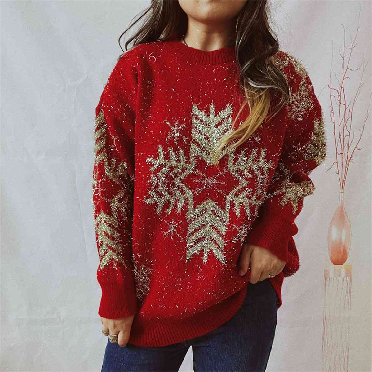 Snowflake Pattern Long Sleeve Sweater Red / S