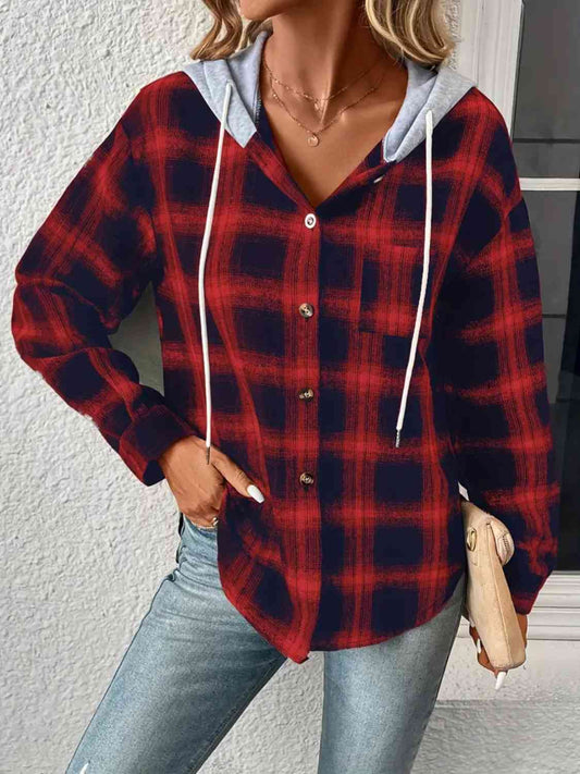 Plaid Drawstring Button Up Hooded Jacket Brick Red / S