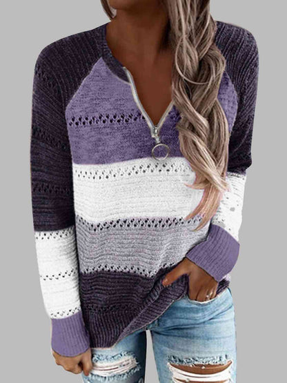 Full Size Color Block Half Zip Sweater Lavender / S