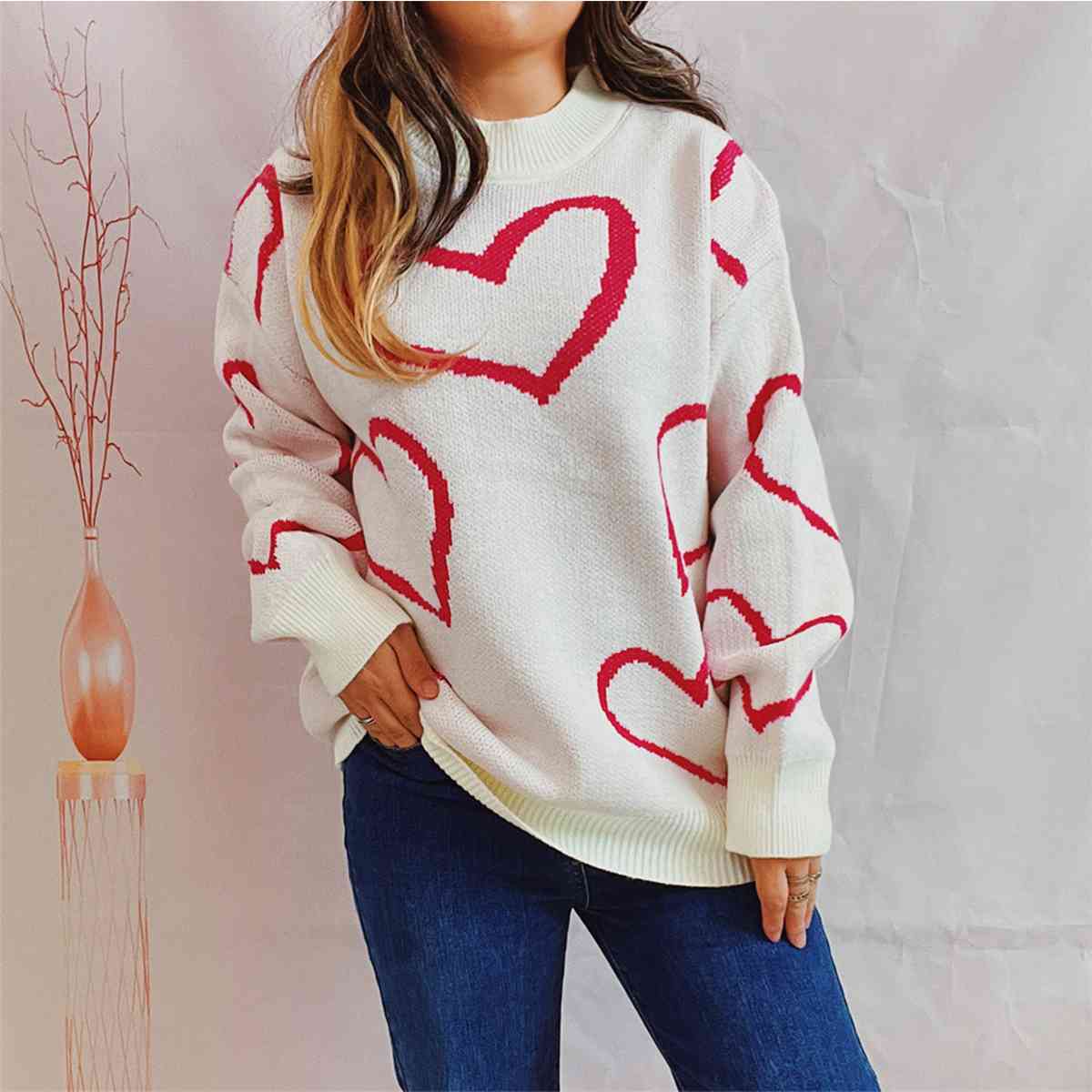 Heart Pattern Long Sleeve Sweater Deep Rose / S