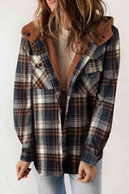Plaid Snap Down Hooded Jacket Navy / S