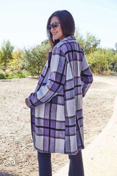 Double Take Full Size Plaid Button Up Lapel Collar Coat