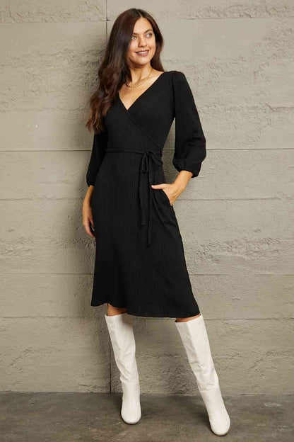 Culture Code Black Full Size Surplice Flare Rouching Dress