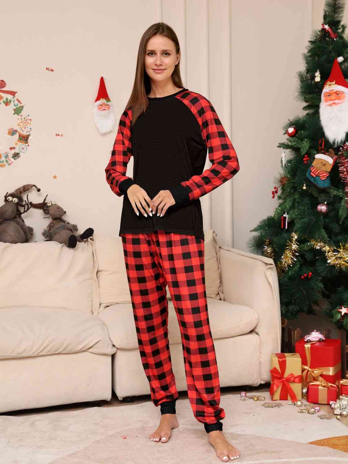 Raglan Sleeve Top and Plaid Pants Set Black / S