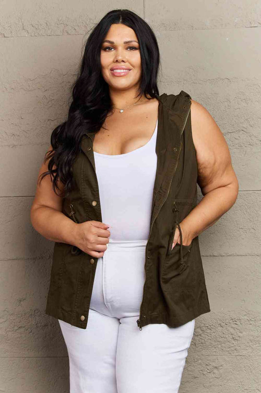 Zenana More To Come Full Size Military Hooded Vest Army Green / S