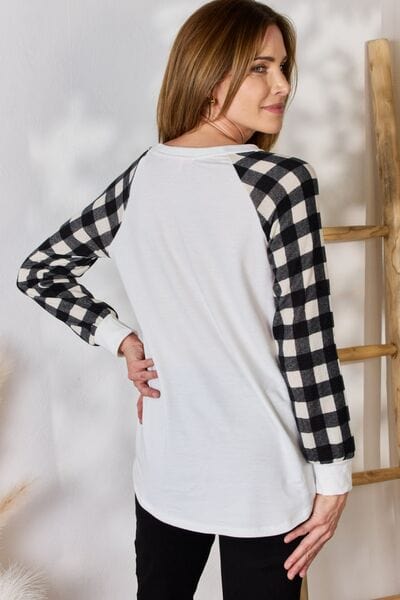 Hailey & Co Full Size Plaid Raglan Sleeve Round Neck Top