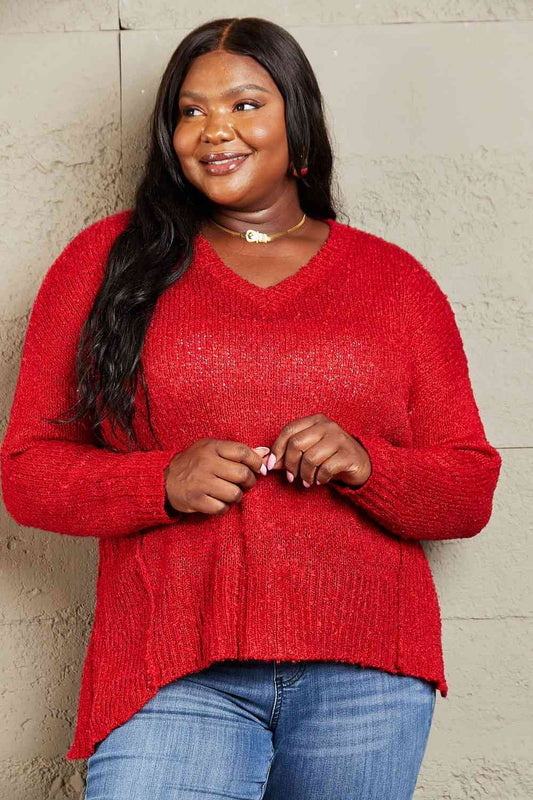 Heimish By The Fire Full Size Draped Detail Knit Sweater Red / S