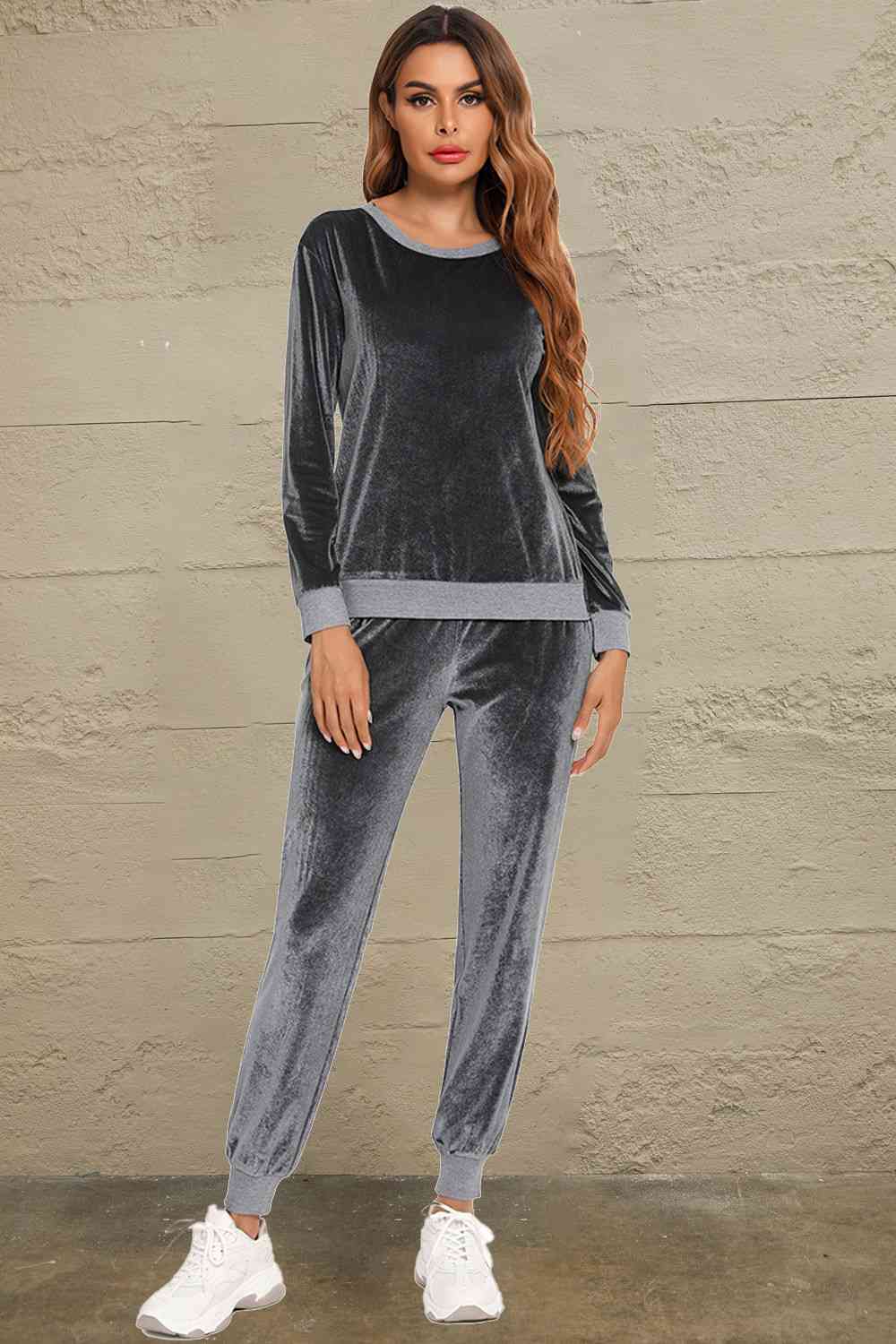 Round Neck Long Sleeve Loungewear Set with Pockets Charcoal / S