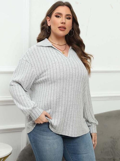 Plus Size Ribbed Collared Neck Long Sleeve Blouse Cloudy Blue / L
