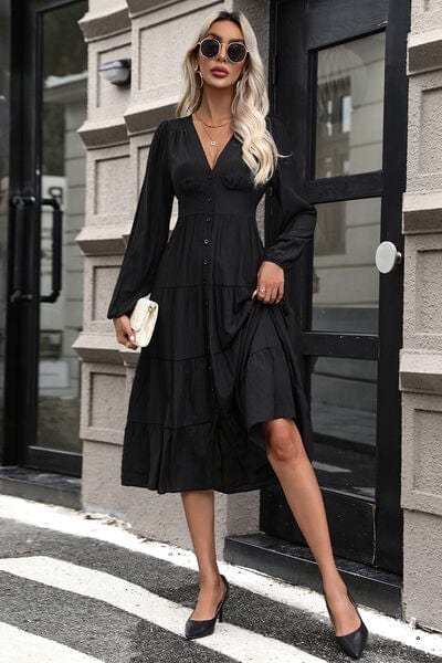 Tiered Ruched Button Up Midi Dress Black / S