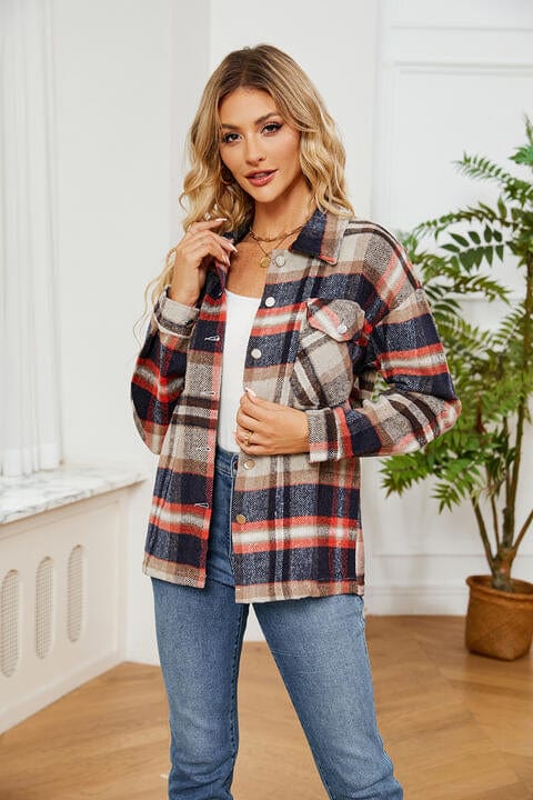 Collared Plaid Shacket Tan / S