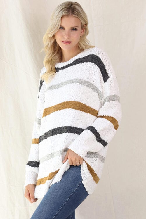 Striped Round Neck Long Sleeve Tunic Sweater