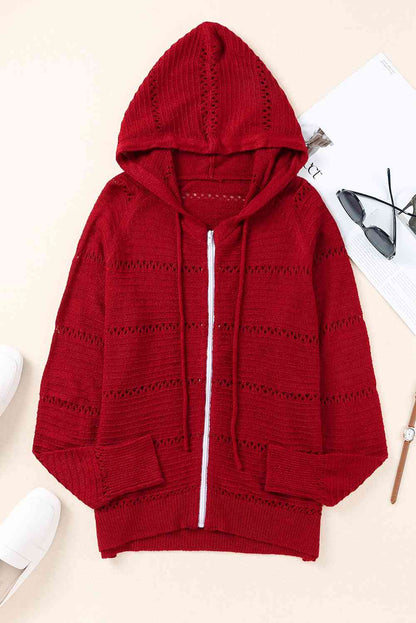 Zip-Up Raglan Sleeve Openwork Hooded Cardigan Deep Red / S