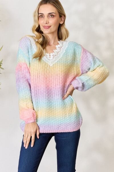 BiBi Rainbow Gradient Crochet Detail Sweater Pink Multi / S