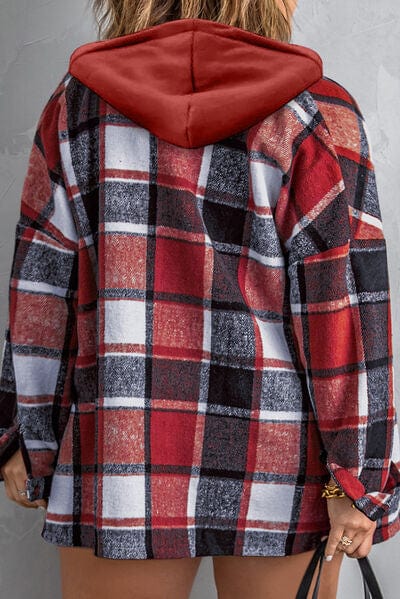 Plus Size Brick Plaid Button Up Hooded Jacket