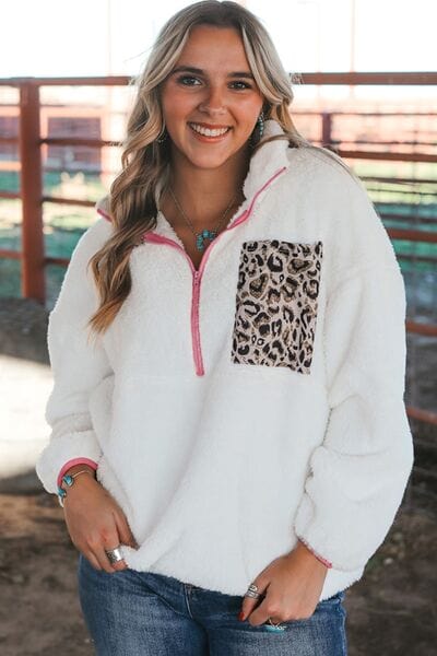 Half Zip Leopard Contrast Long Sleeve Sweatshirt White / S