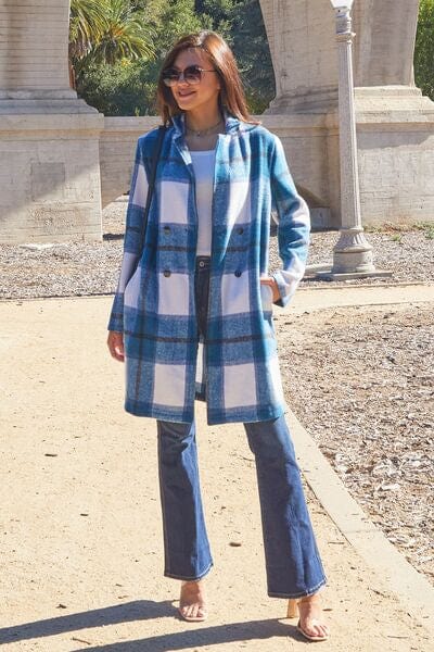Double Take Full Size Plaid Button Up Lapel Collar Coat French Blue / S