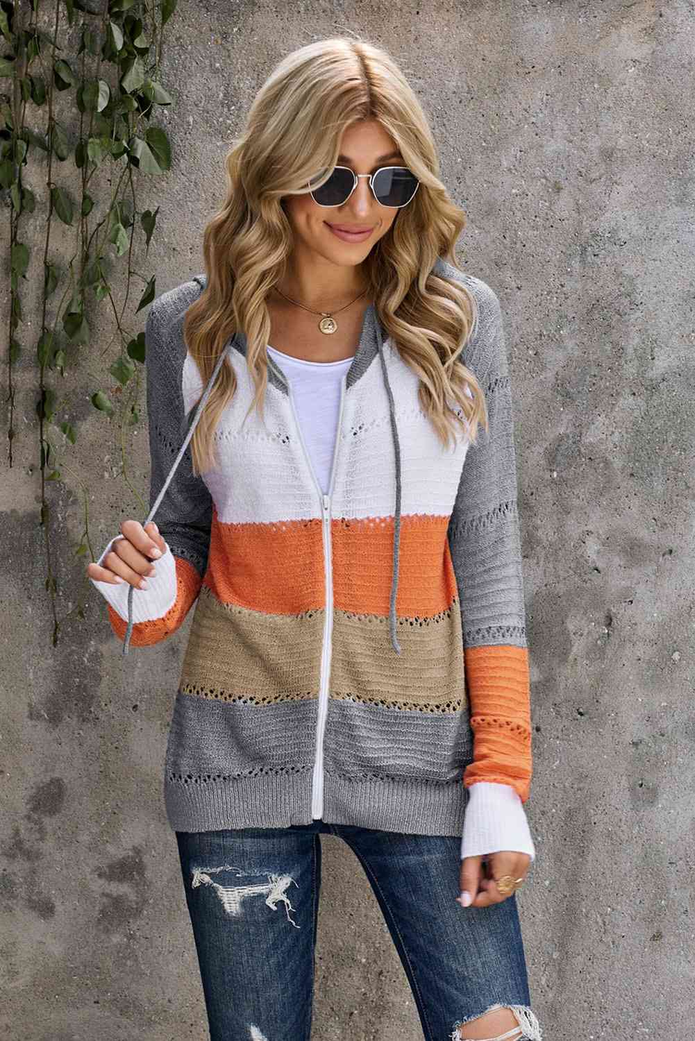 Zip-Up Raglan Sleeve Openwork Hooded Cardigan Orange/Gray / S