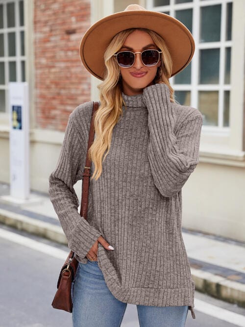 Ribbed Turtleneck Long Sleeve Slit Knit Top