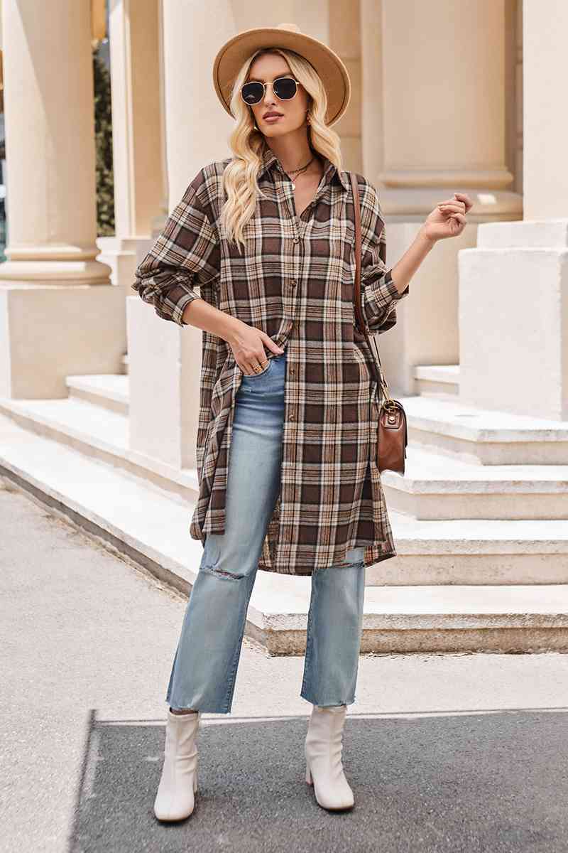 Plaid Collared Neck Long Sleeve Coat Chocolate / S