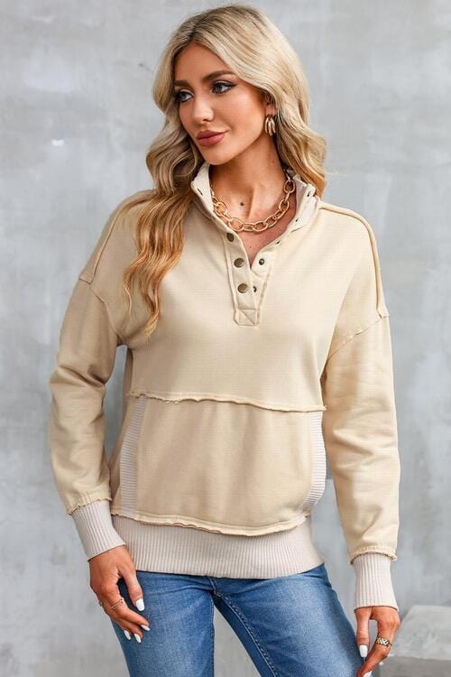 Half Snap Drop Shoulder Long Sleeve Sweatshirt Sand / S