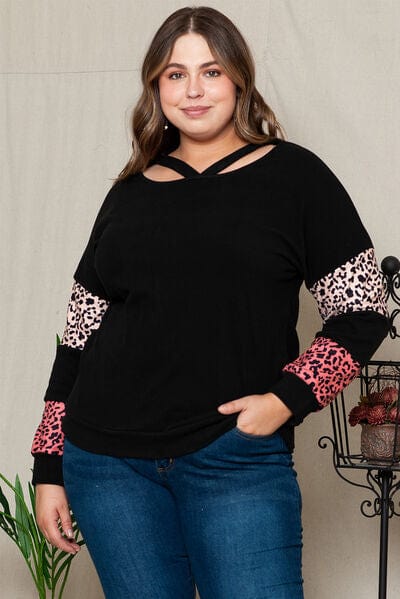 Plus Size Leopard Dropped Shoulder Long Sleeve T-Shirt Black / 1XL