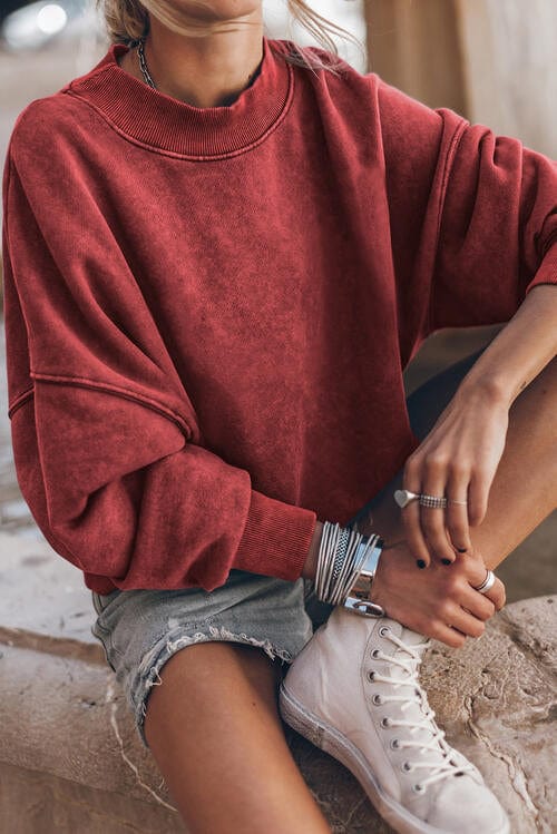 Ribbed Round Neck Dropped Shoulder Sweatshirt