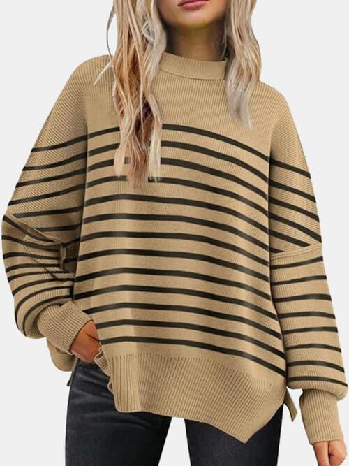 Round Neck Drop Shoulder Slit Sweater Camel / S