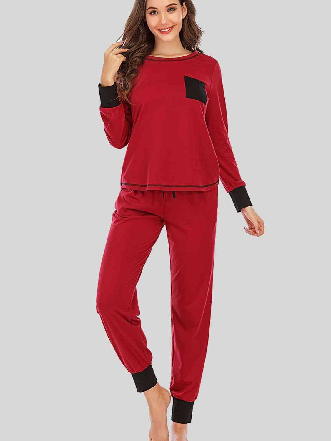 Round Neck Top and Pants Lounge Set Wine / S