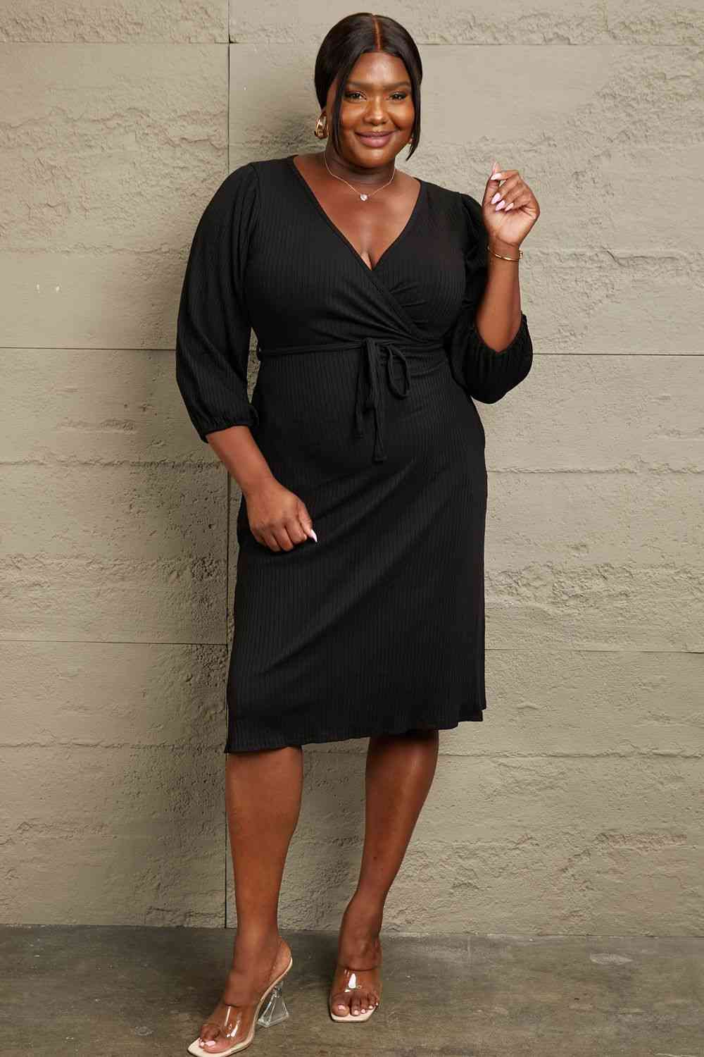 Culture Code Black Full Size Surplice Flare Rouching Dress Black / S