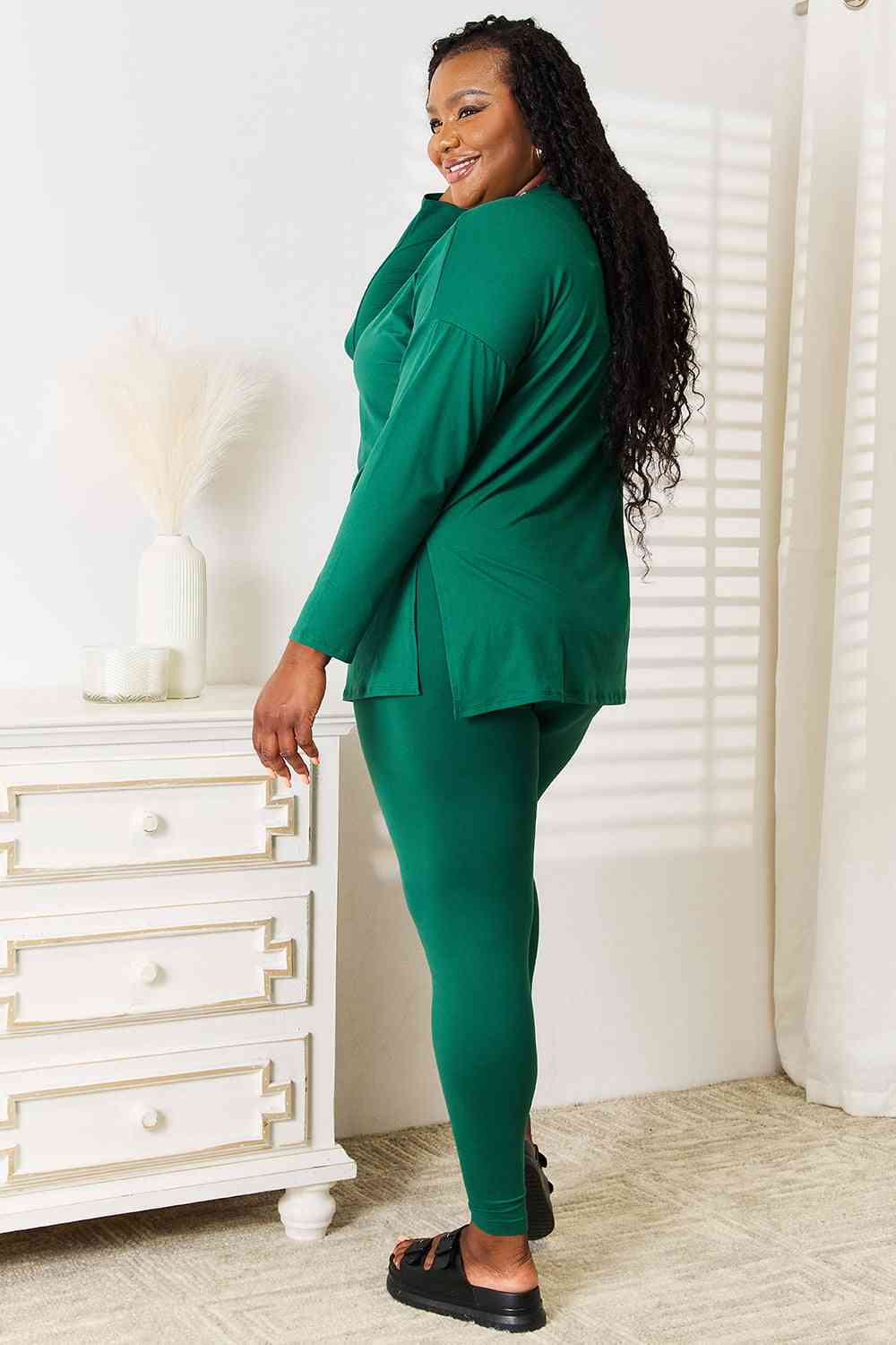 Zenana Lazy Days Green Long Sleeve Top and Leggings Set