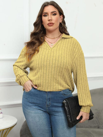 Plus Size Ribbed Collared Neck Long Sleeve Blouse Banana Yellow / L