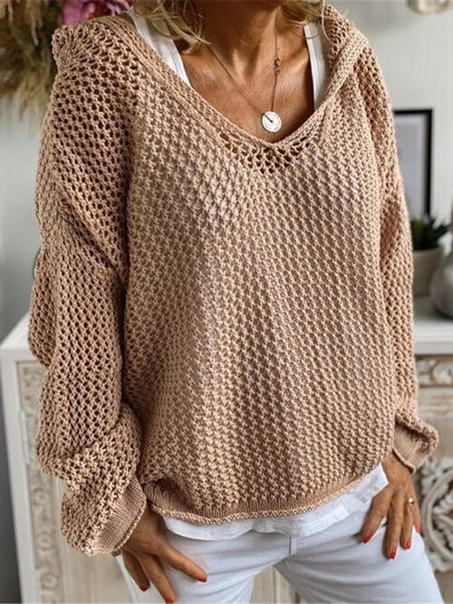 Openwork Hooded Long Sleeve Sweater Tan / S