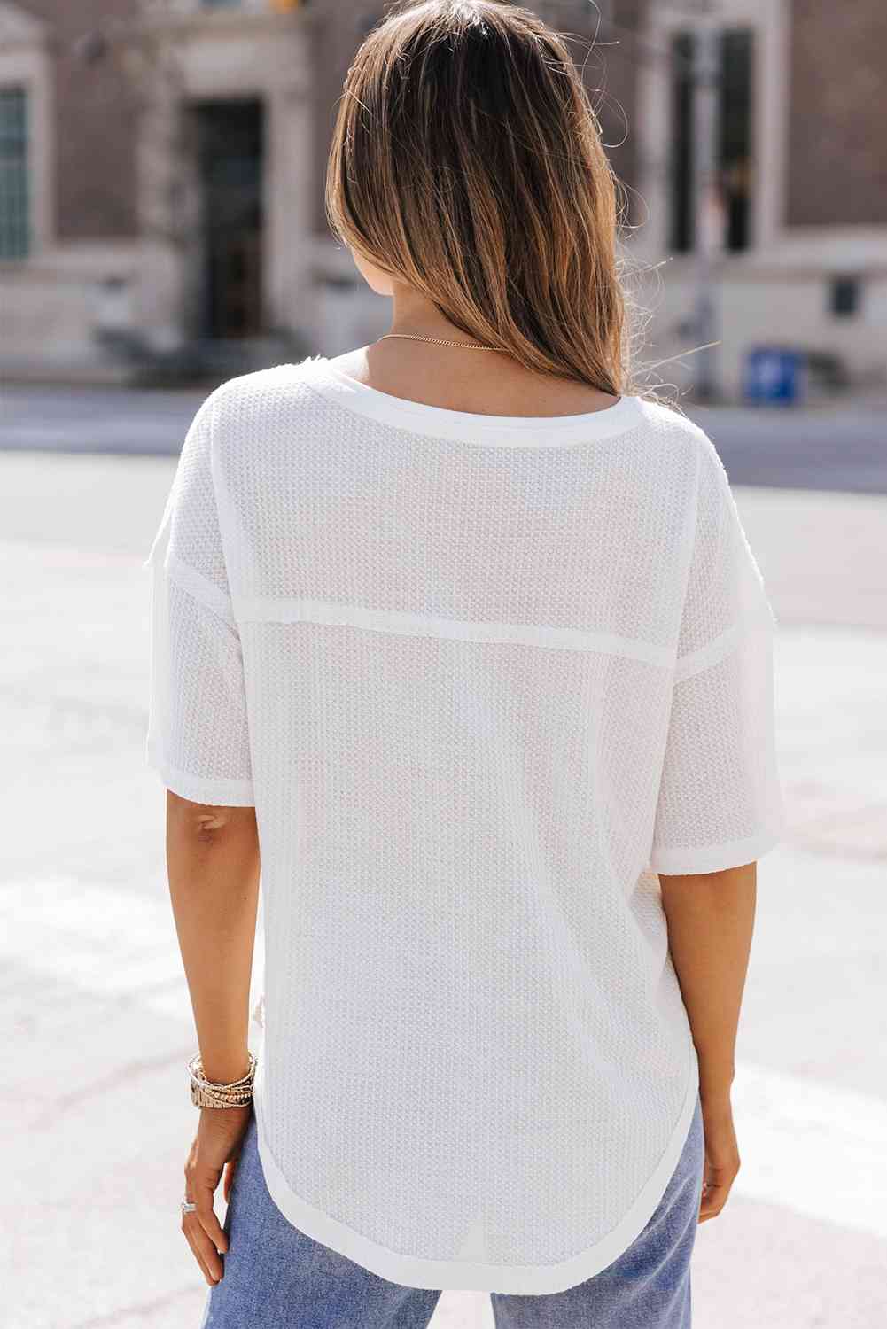 Waffle-Knit V-Neck Dropped Shoulder Top