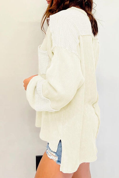 Waffle-Knit Exposed Seam Lantern Sleeve Top