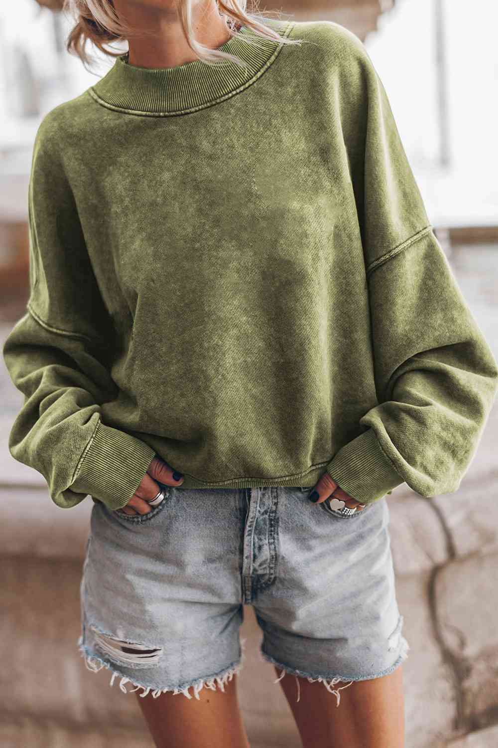 Ribbed Round Neck Dropped Shoulder Sweatshirt Sage / S