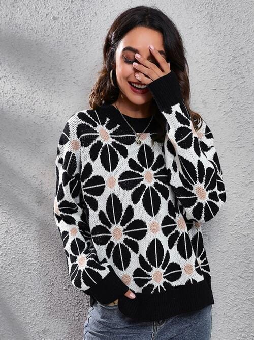 Floral Round Neck Long Sleeve Sweater Black / S