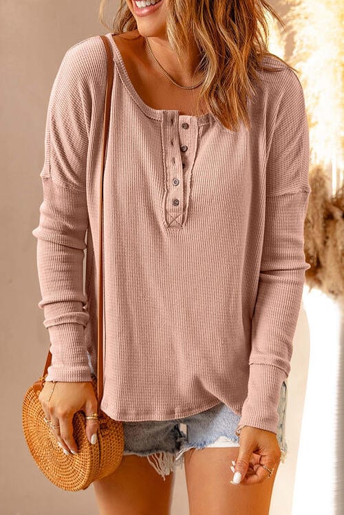 Waffle Knit Henley Long Sleeve Top Blush Pink / S