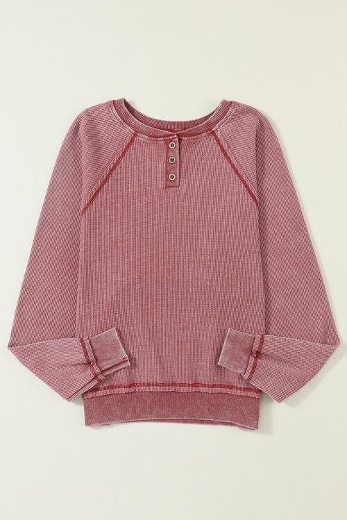 Waffle Knit Raglan Sleeve Henley Sweatshirt